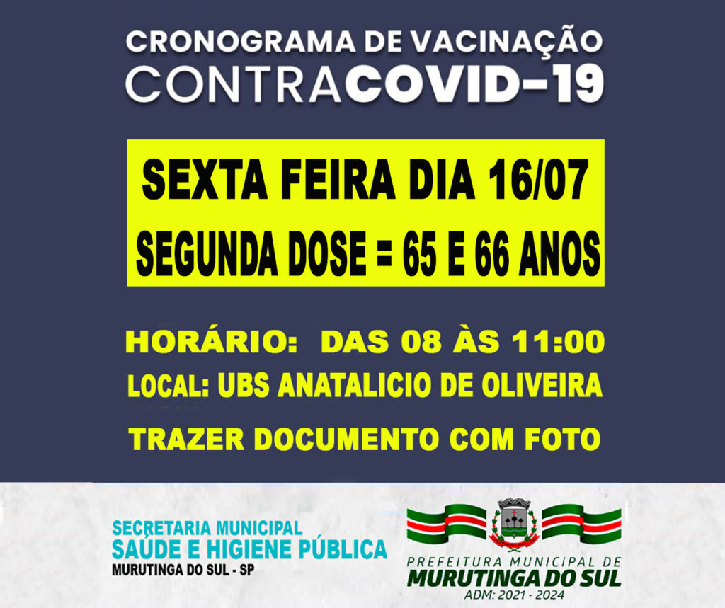 CRONOGRAMA VACINA 65 66 anos segunda dose